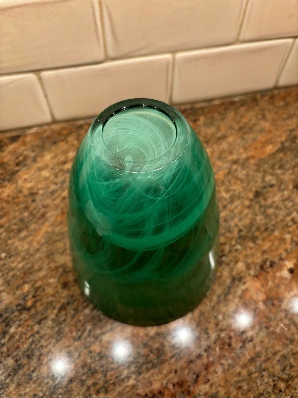 Murano Kosta Boda Style Green Marbled Swirled Glass Vase 7” Tall